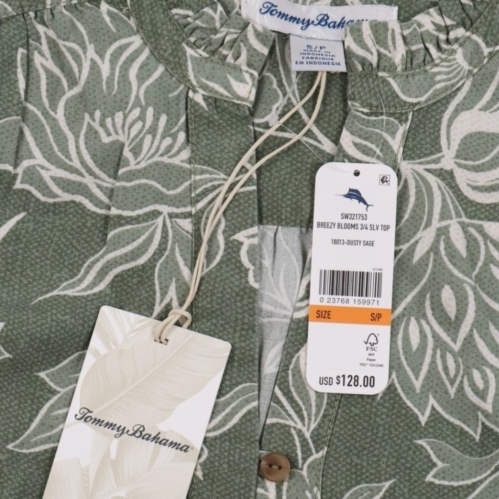 Tommy Bahama Breezy Blooms 3/4 SLV Top Dusty Sage Floral Small NWT $128 - Picture 3 of 5